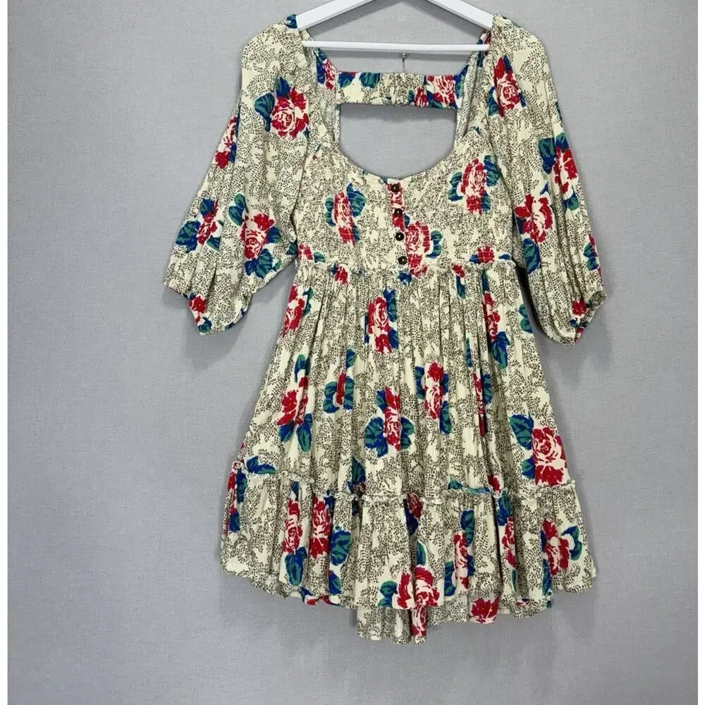 Free People Endless Summer Picnic Mini Dress Womens Large Cream Floral Babydoll - Picture 2 of 15